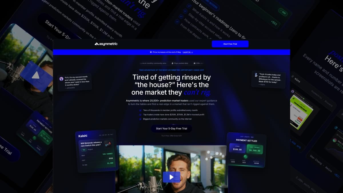 Asymmetric prediction-markets membership funnel and landing page by Verdex Studio
