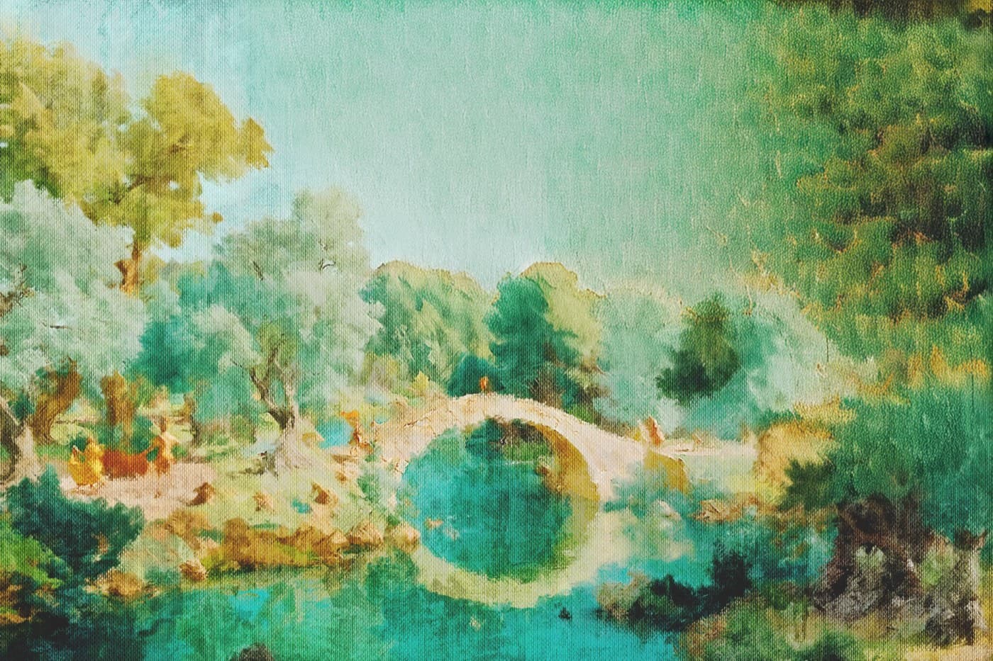 Impressionist painting of a stone bridge over a still pond