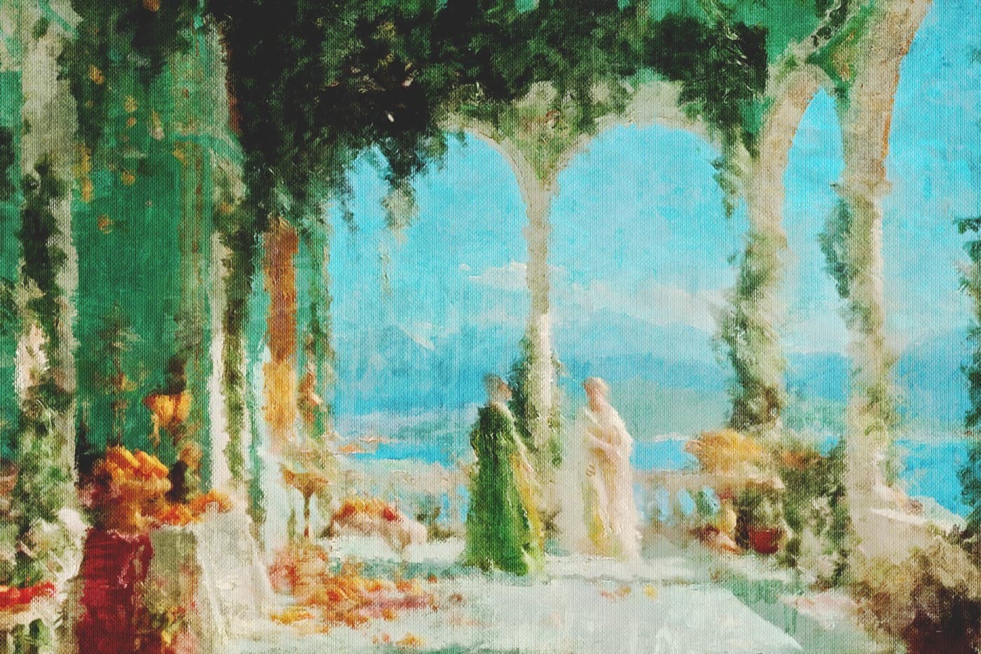 Impressionist painting of a terrace overlooking the sea