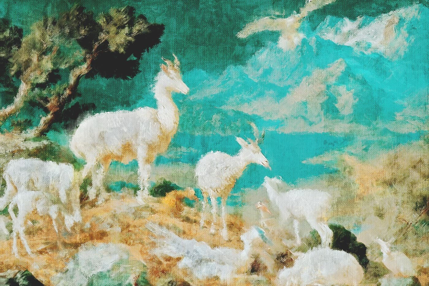 Impressionist painting of mountain goats on a high ridge