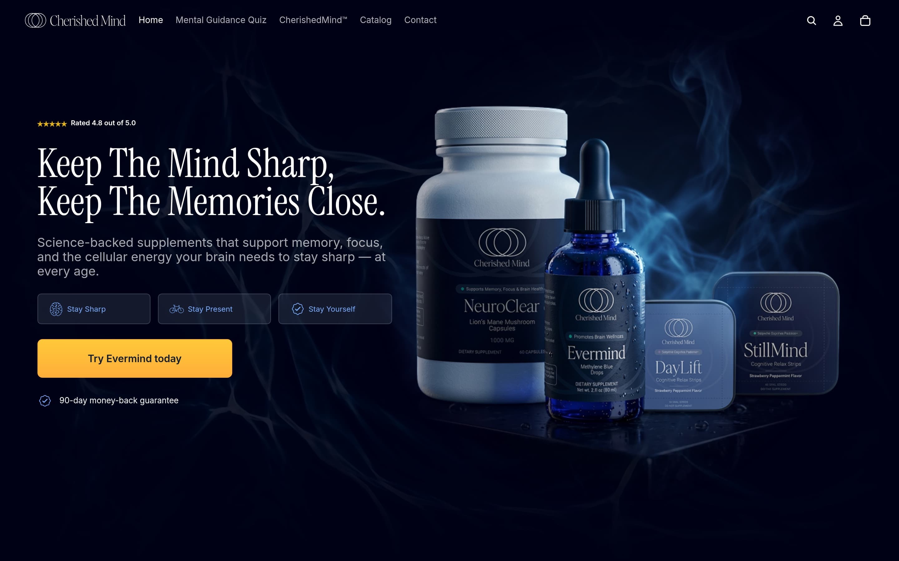 Cherished Mind Shopify storefront homepage with the full Evermind product line